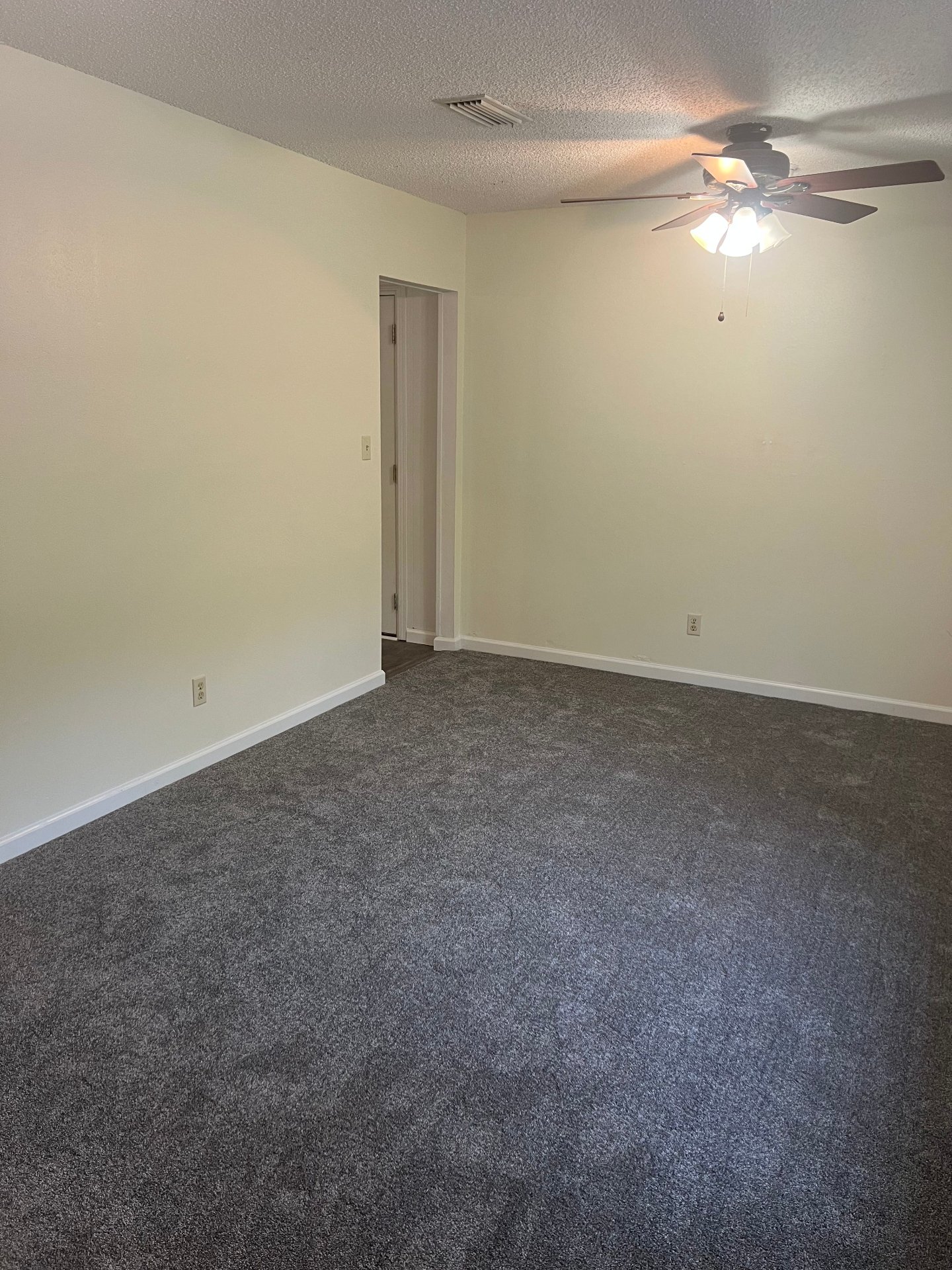Professional bedroom carpet flooring installation featuring plush gray stain-resistant carpet with ceiling fan and natural lighting in residential home